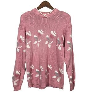 Vintage Gina Peters Sweater Offset Crewneck Pink Spring Floral Knit - L